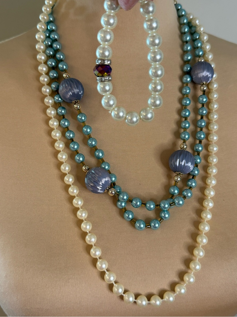 Beaded necklace bracelet set faux pearl blue teal chunky beads